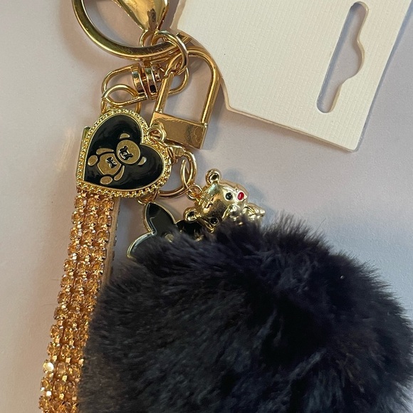 Gold and Black Pom Pom Keychain With 3 Charms – New - Picture 10 of 14